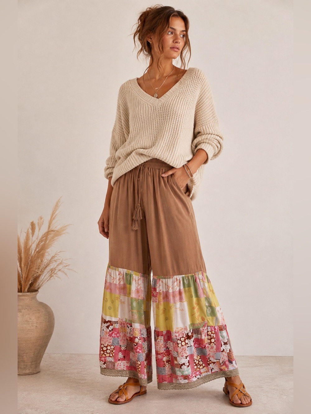 #234 FIRM 🌸New ! Boho Patchwork Wide-Leg Palazzo Pants